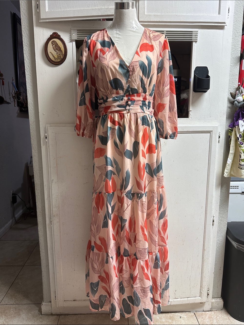 Blush Leaf-Print V-Neck Maxi Dress with Buttoned Waist